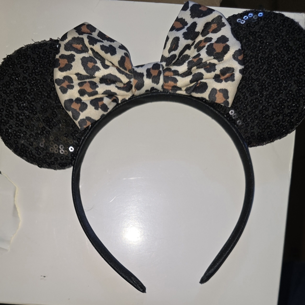 Sequin Black Minnie Ear Headband with Leopard Bow